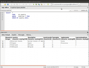 Customerdb consulta cb_country filtrando por isactive y ordenación por country descendente