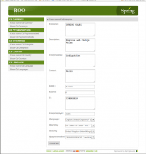 Spring Roo Project - Rellenamos los datos de la nueva empresa